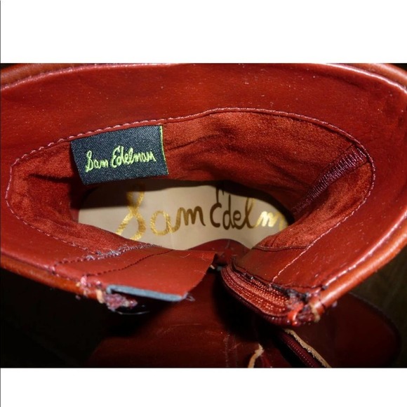 Sam Edelman Leather Ankle Boot Cognac Booties Heel RETRO 70'S RED BROWN ZIP WOOD - Picture 4 of 11
